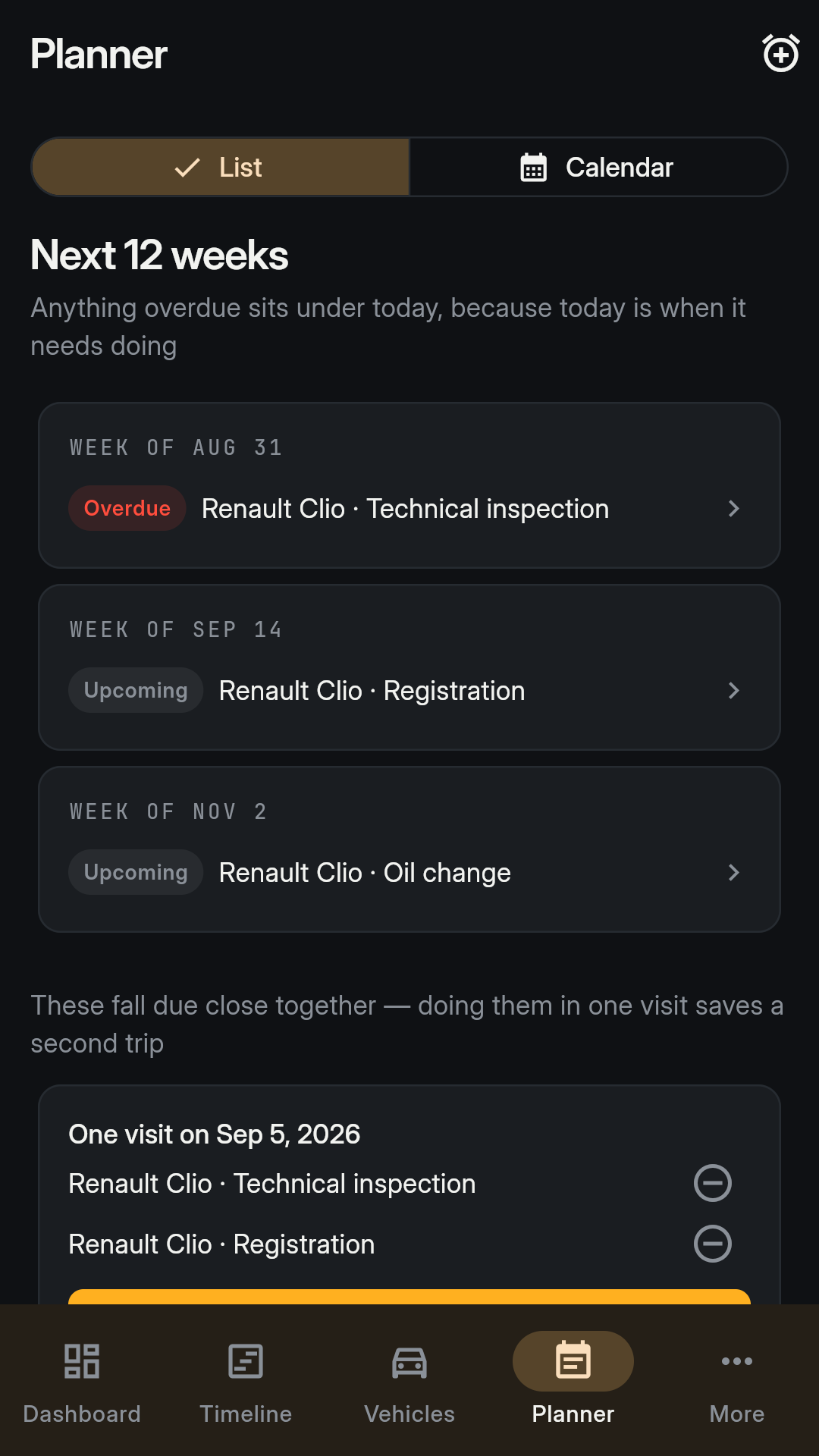 Maintenance planner showing upcoming vehicle deadlines